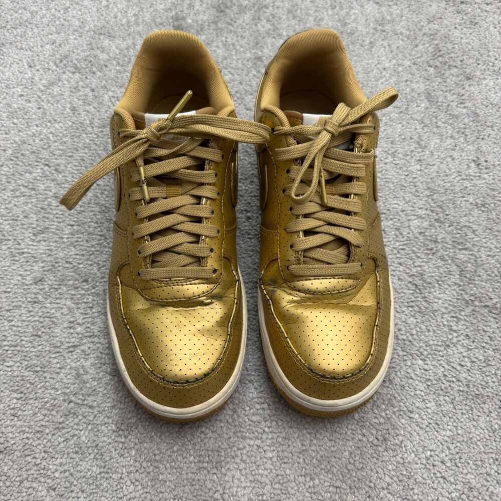Nike Air Force 1 Low Top Gold Perforated Leather Sneaker Shoes Womens US 9 UK 8